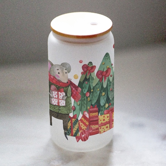 Christmas Character Glasses cup 16 oz glass cup with Straw & Bamboo Lid - Picture 5 of 6